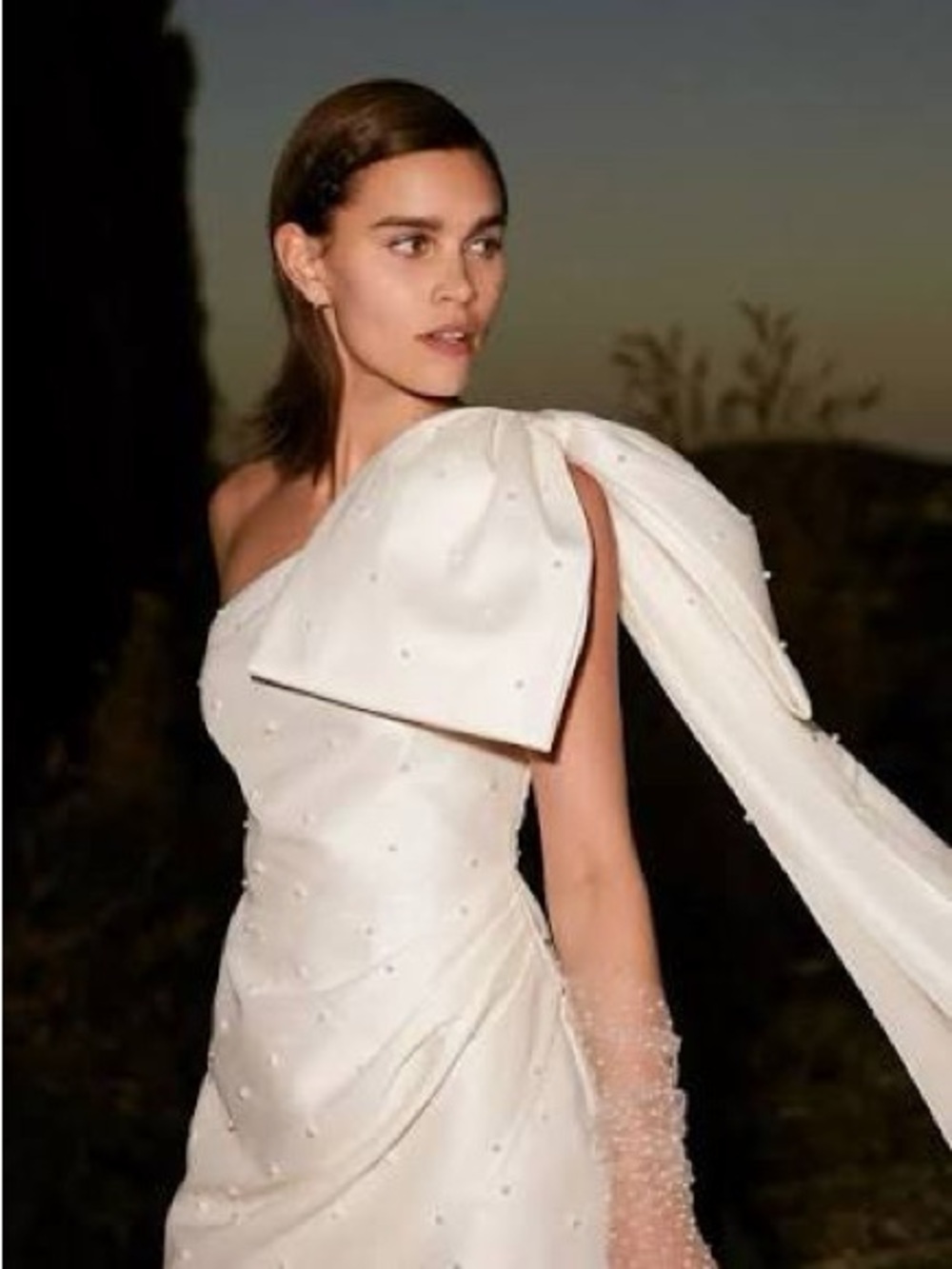 Sachin + Babi Ivory One-Shoulder Pearl-Studded Gown with Draped Bow